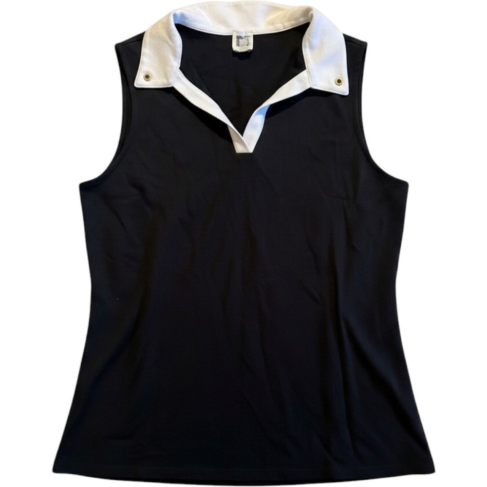 Anne Klein Womens XL Sleeveless Polo‎ Shirt Black White Contrast Collar V-Neck
